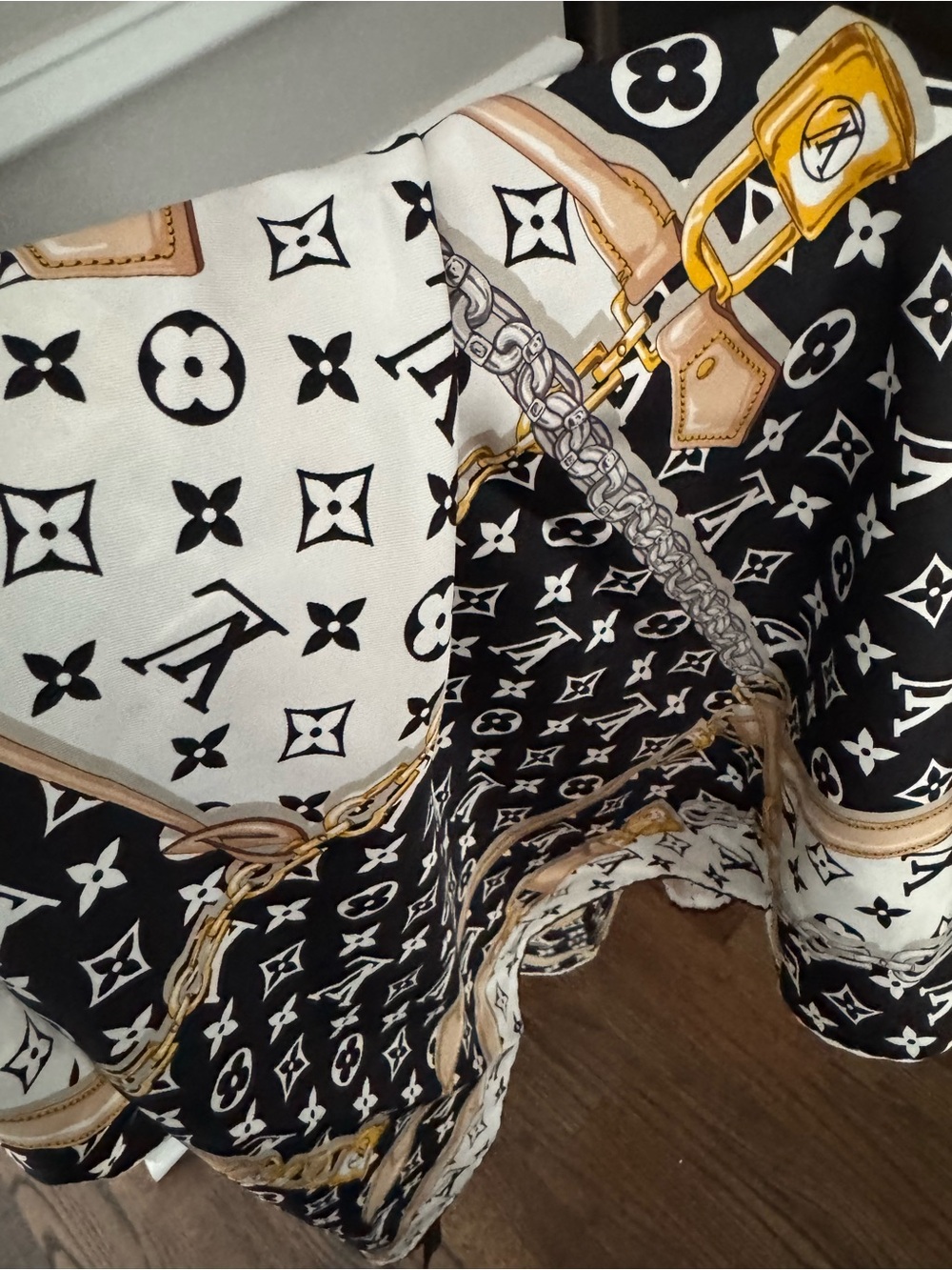 Authentic LV Black & White Monogram Silk Scarf with Gold Chain Motif